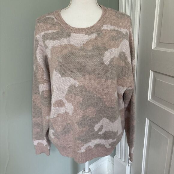 LUCKY BRAND Wool Blend Pink Multi Camo Crew Knit Sweater Womens Size XL - Picture 1 of 5